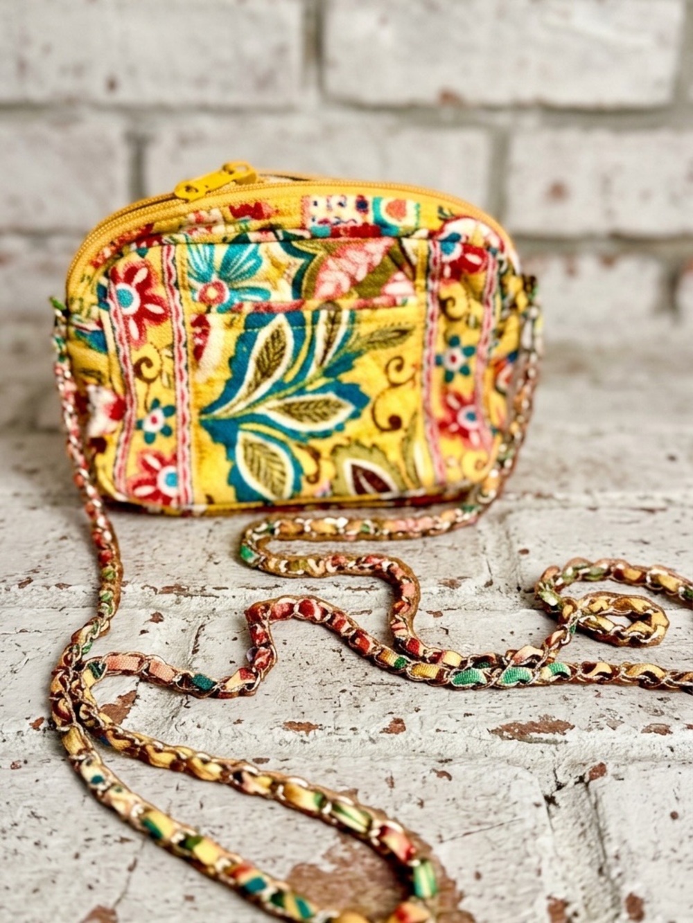 VERA BRADLEY Yellow Floral Crossbody Bag With Green And Red